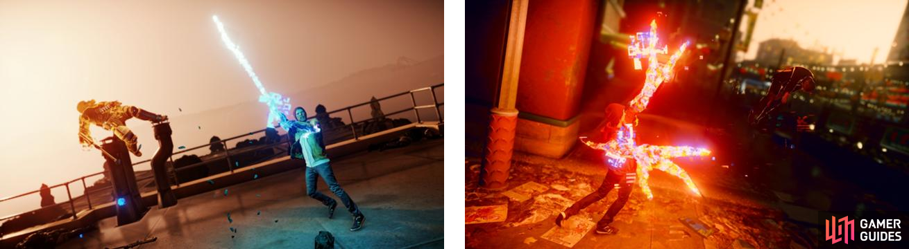 We see both instances of the melee attack for Video, with Delsin using a sword for Good Karma (left) and some claws for Evil Karma (right).