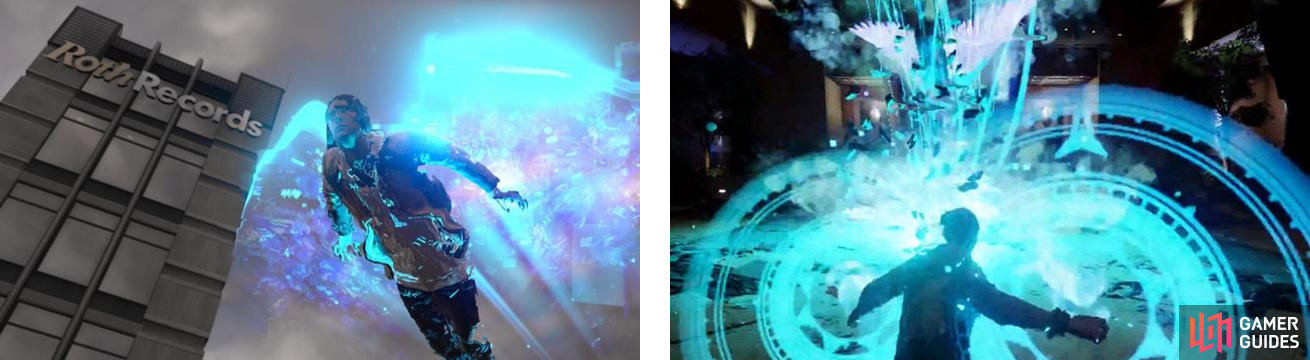 Delsin dashing in the air (left) and unleashing the Karma Bomb for Video, Hellfire Swarm (right).