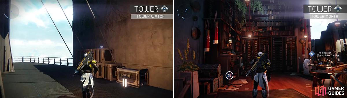 Go up stairs and grab ghost 18 from on top of the crates (left). Ghost 19 (right) is found on the left side near the Speaker in Tower North.