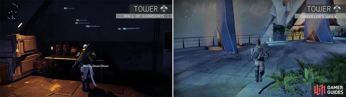 Near the Vanguards on a table right of where you enter is ghost 20 (left). During the Iron Banner Event, head to Traveller's Walk and take ghost 21 from the railing (right).