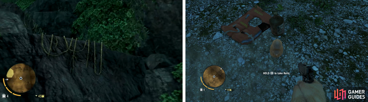 The initial ledge in the cave with your friends that sets you on the path to Relic #1 (left) and the location of the actual Relic (right).