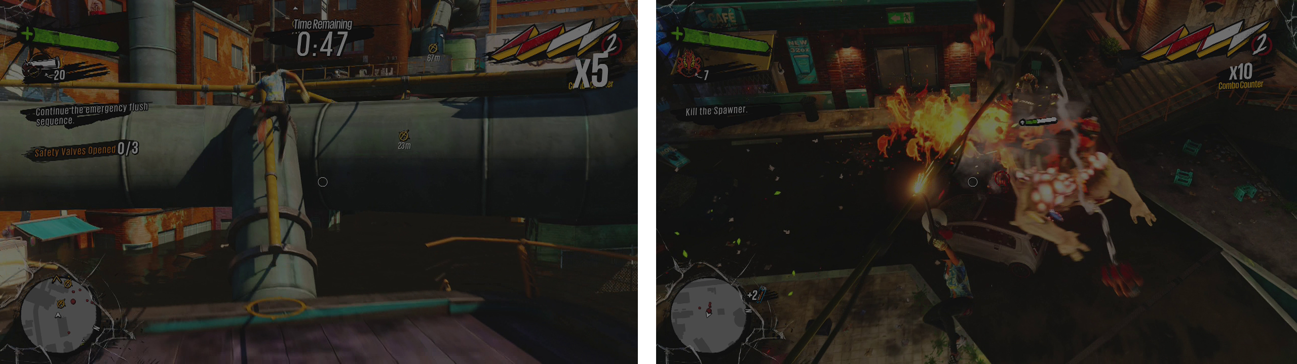 Repeat the valve interaction and grind process a second time (left). Destroy the Spawner that appears (right) during the third valve sequence.