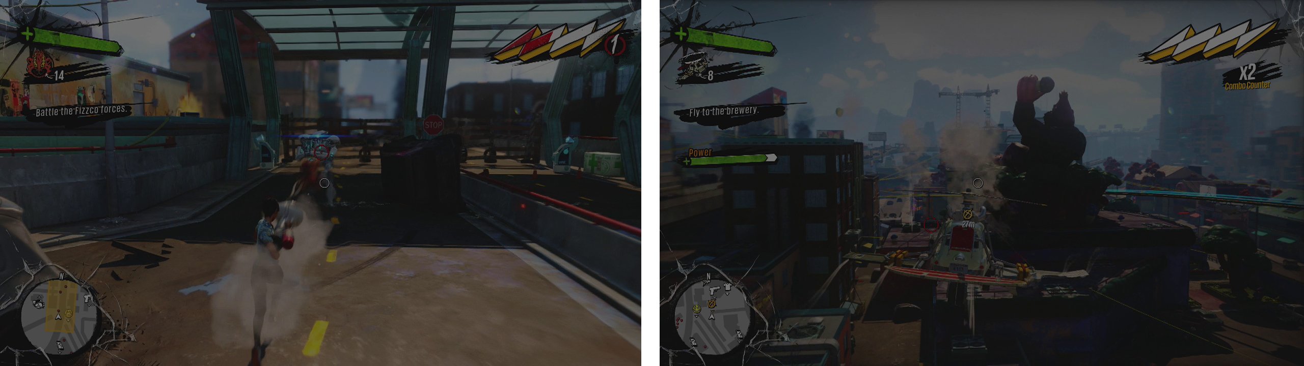 Defend the area against the Fizzco Bots (left) and then fly the Glider when able to do so (right).