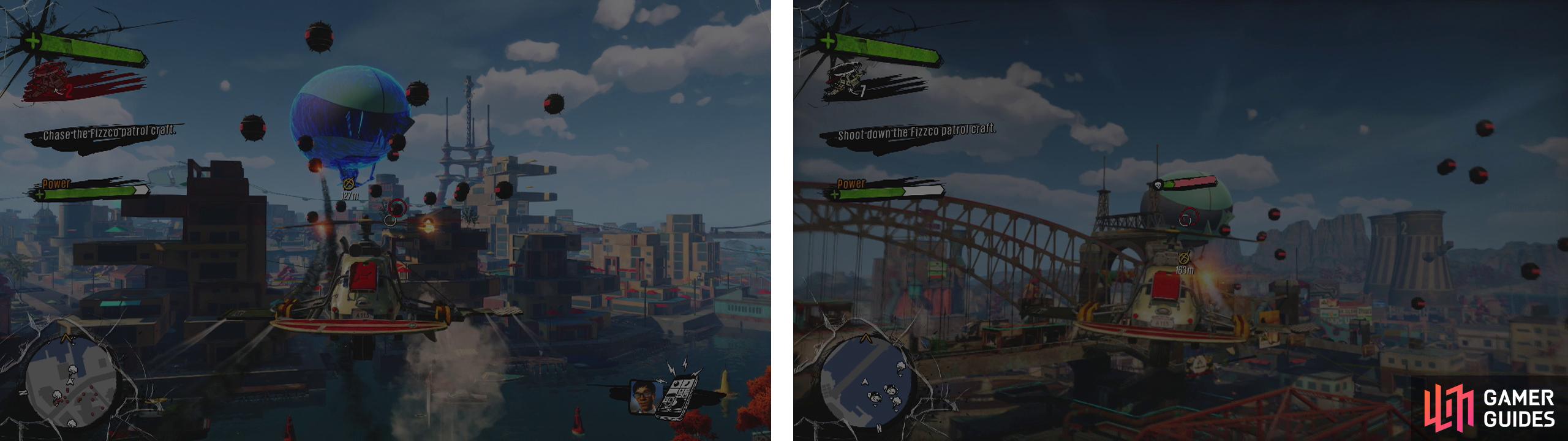 Chase the blimp and destroy or dodge the mines it releases (left). When the blimps shield goes down, destroy it (right).