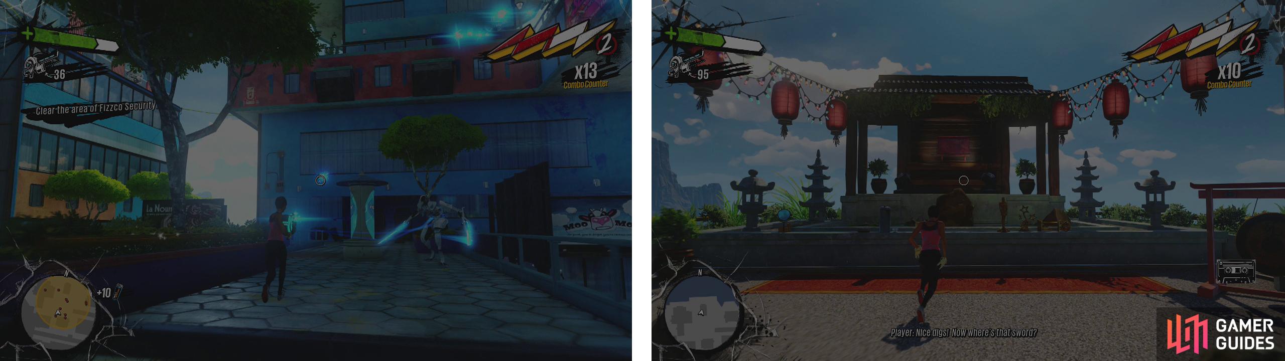 Clear the yellow zone of Fizzco Security (left) and then make your way to the rooftop (right) for a scene.