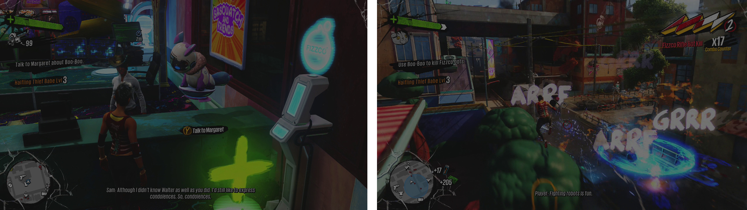 Speak with Margaret at the Oxford base (left) and use Boo-Boo to clear out the Fizzco Bots outside (right).