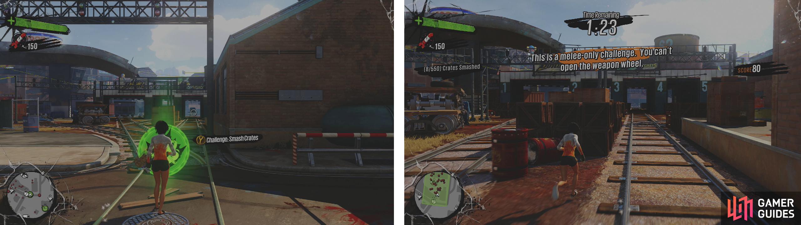 Start the challenge at the Train Depot (left). The key to success is to use the explosive barrels (right).