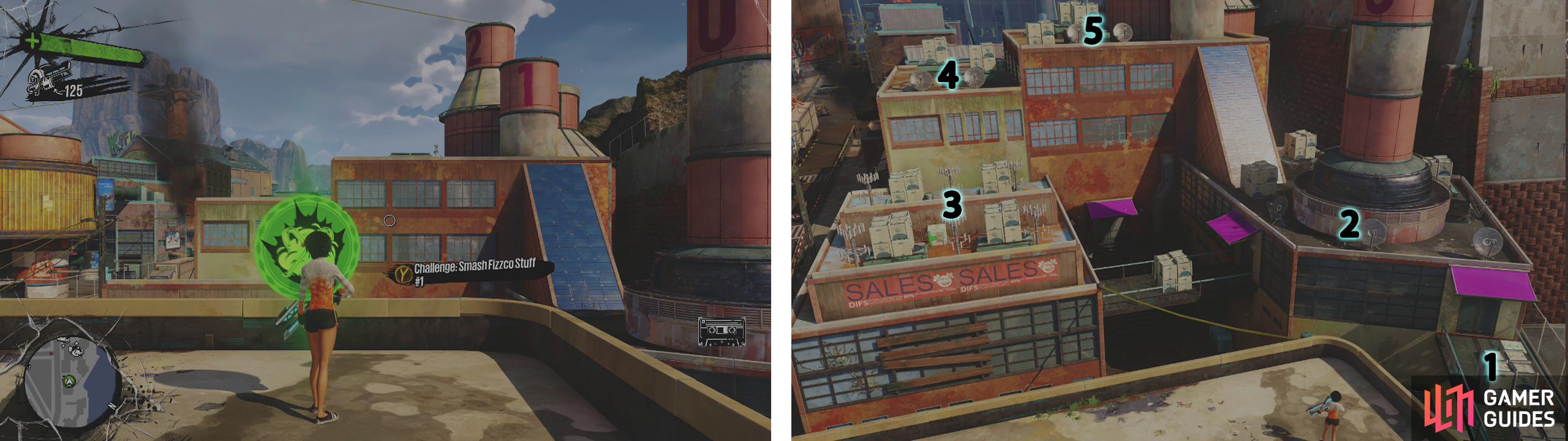 You can begin the challenge here (left). Here is our suggested route of destruction through the area (right).