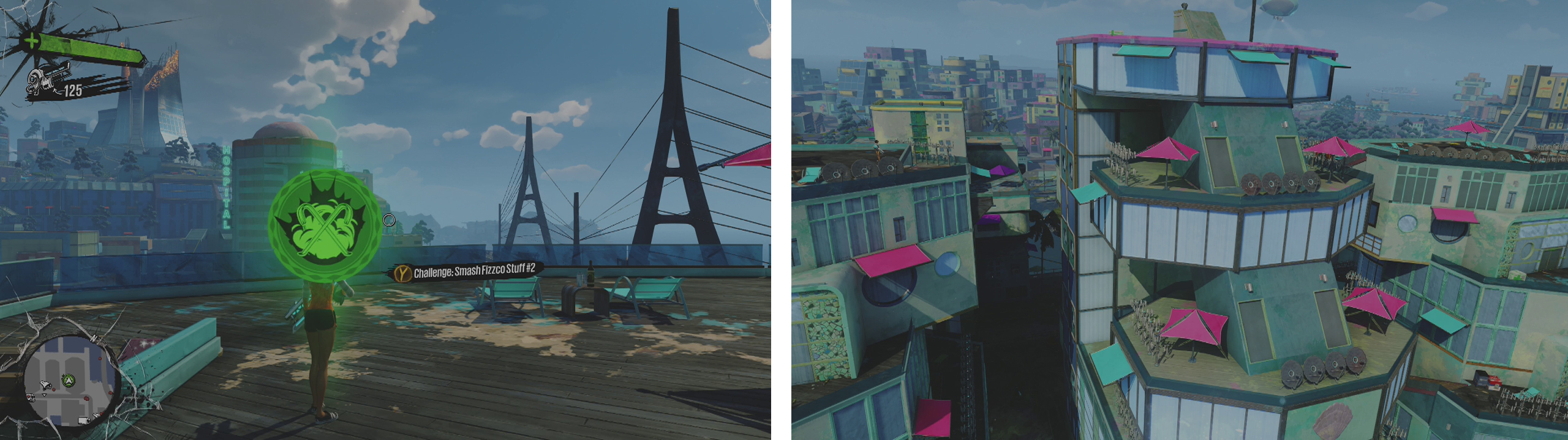 You can begin the challenge here (left). There are three tiers of balconies housing the destructibles (right) finding the right route takes trial, error and patience.