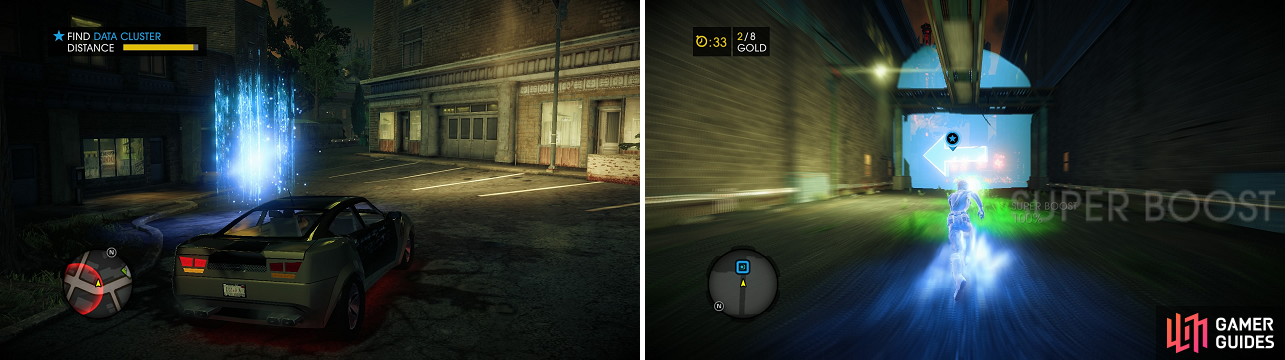 The clusters (left) are fairly easy to find, as long as you keep an eye out for the meter in the upper left. After purchasing your new Super Powers, you get the chance to try them out (right) in one of the game's activities.