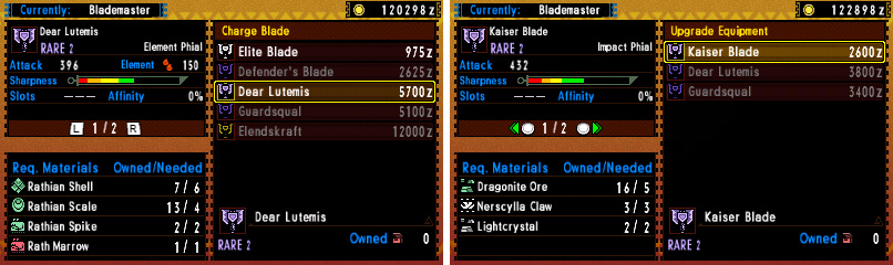 Left: weapons you can forge. Right: a Charge Blade with three potential upgrade paths.
