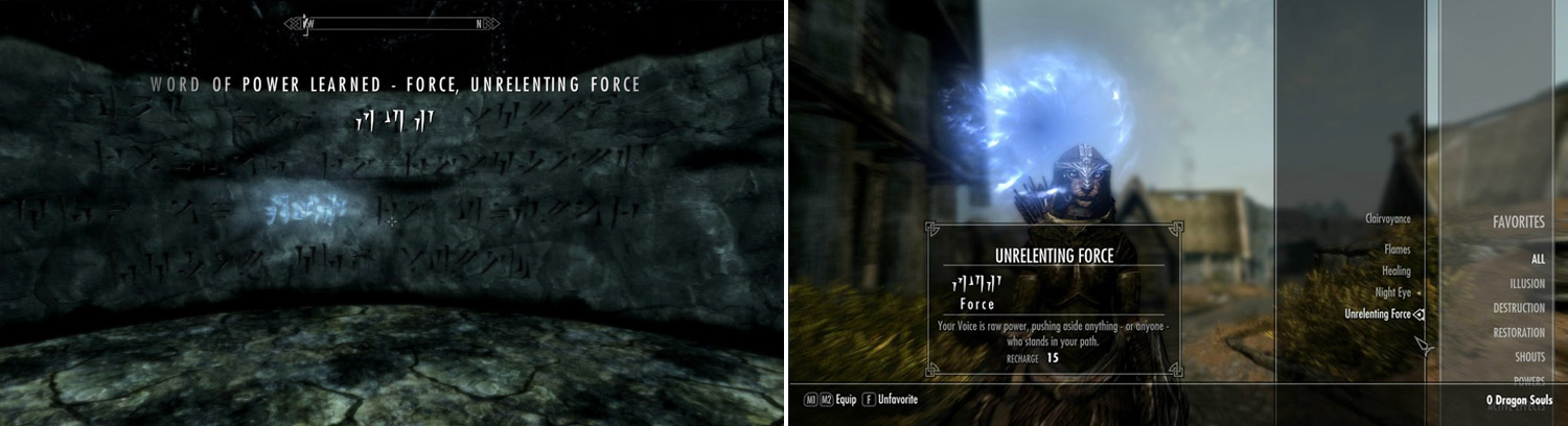 As you explore Skyrim you'll find "Word Walls" which contain fragments of Thu'um. Simply put, approach these relics to learn new shouts (left). Shouts can be equipped like any spell, and have a cooldown period between uses (right).