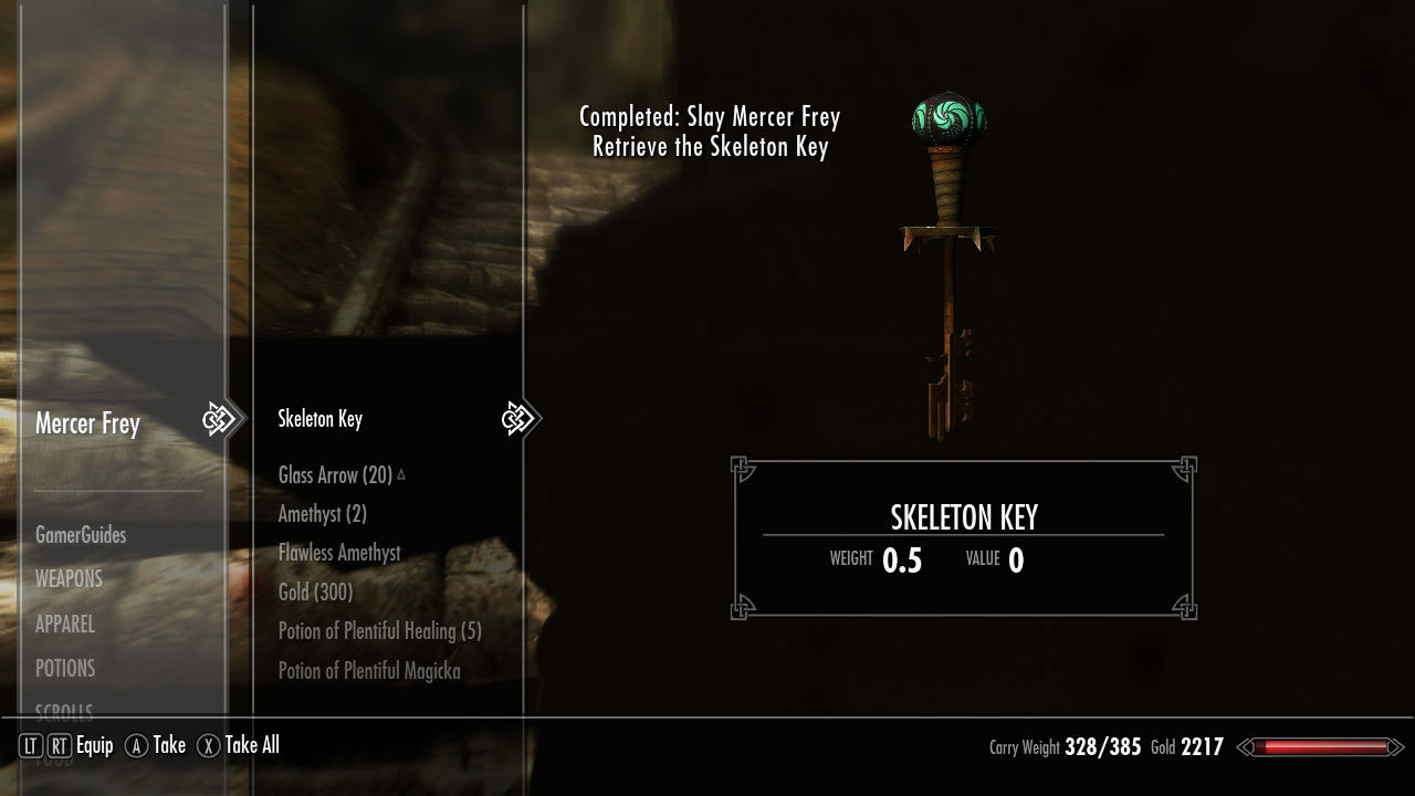 Note: The SKELETON KEY can open ANY LOCK. Any lock at all. The next quest will take it away from us, but between now and then… it is yours to enjoy. Take advantage of it! This is a supremely over-powered tool at your disposal. The Skeleton Key functions like a lockpick, but it won't break no matter what. This means you have an unlimited amount of tries and time to open any lock you run across.