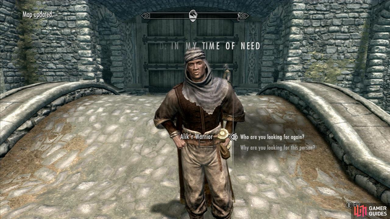 After you complete the Main Quest: Dragon Rising, enter Whiterun via the main gate and you'll see some Redguards discussing something with the Whiterun Guard. These are Alik'r warriors. They are looking for a Redguard woman and ask you for your help. This starts the quest.