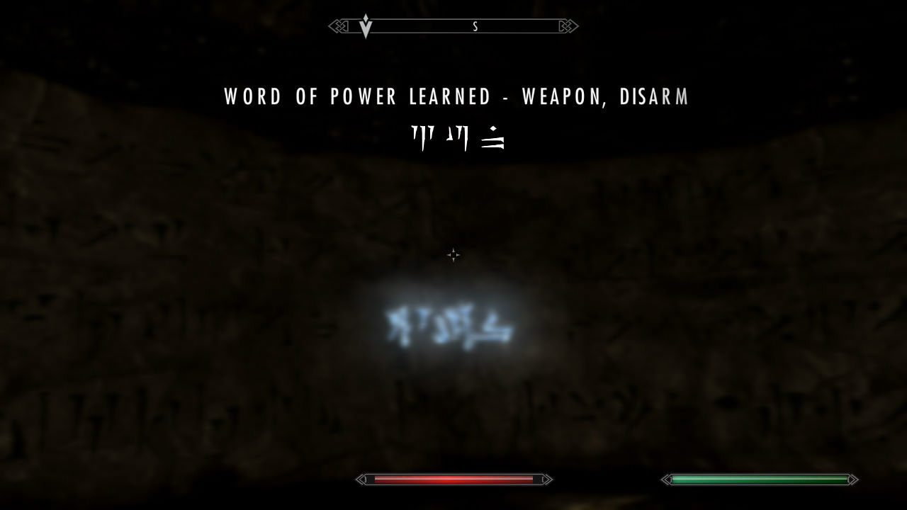 In here; check the south side of the room to find a Word of Power: WEAPON - DISARM. Nice. There's also a LIGHT ARMOR skillbook on a table near where you came in at called "Ice and Chitin".