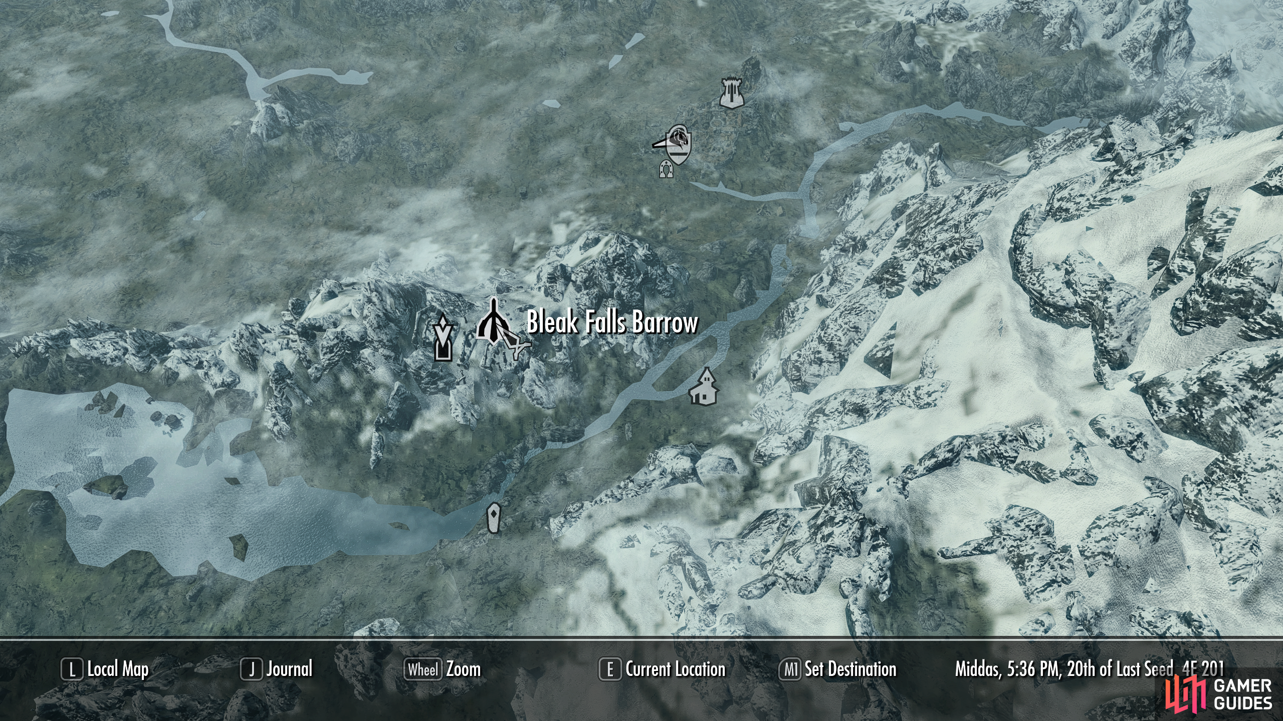The location of Bleak Falls Barrow, in the mountains south of Whiterun.