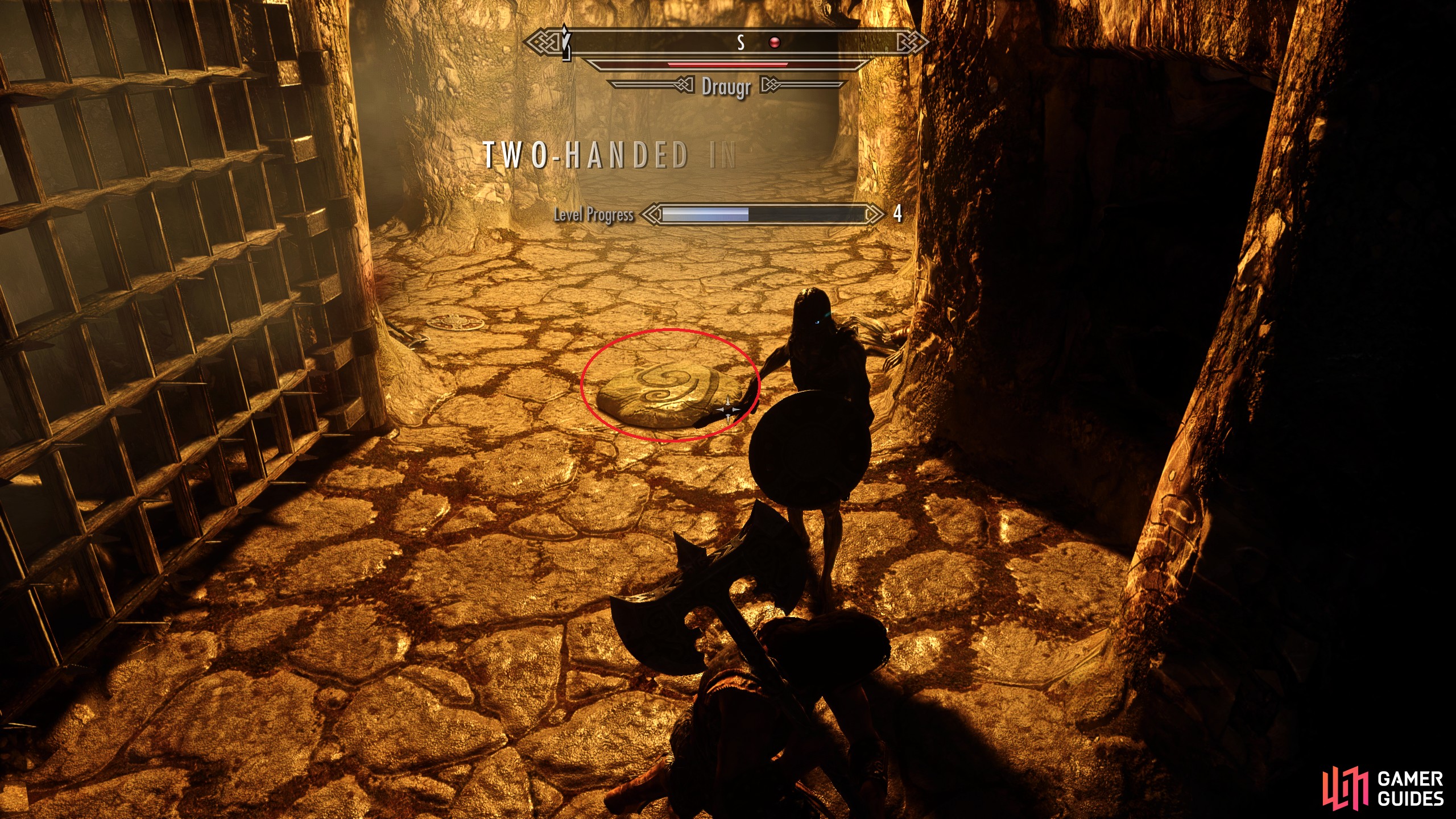 Be sure to avoid the trap device on the floor as you fight the Draugr.