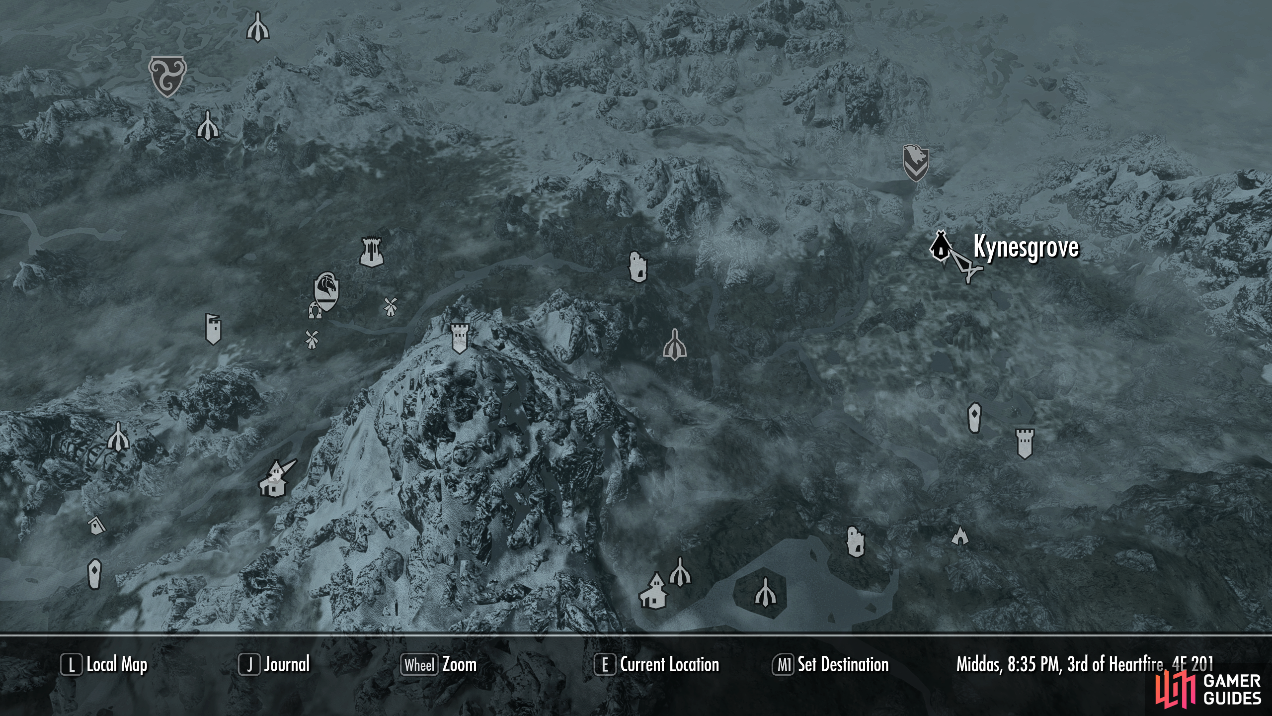 The location of Kynesgrove, south of Windhelm in the northeast of Skyrim.