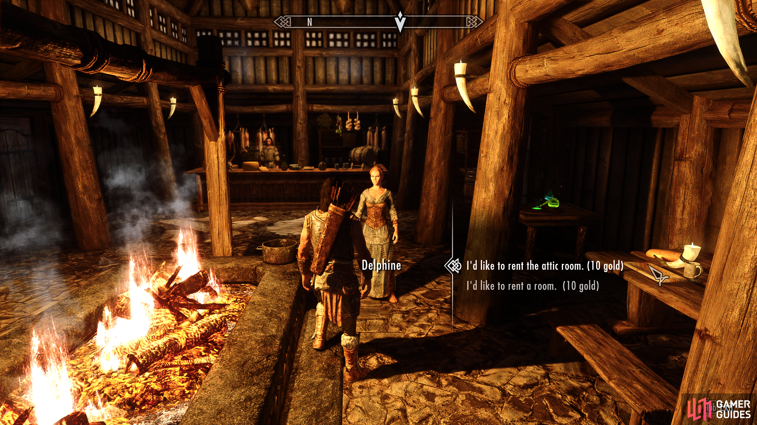 When you reach Riverwood, speak with Delphine to rent the attic room in the Sleeping Giant inn.