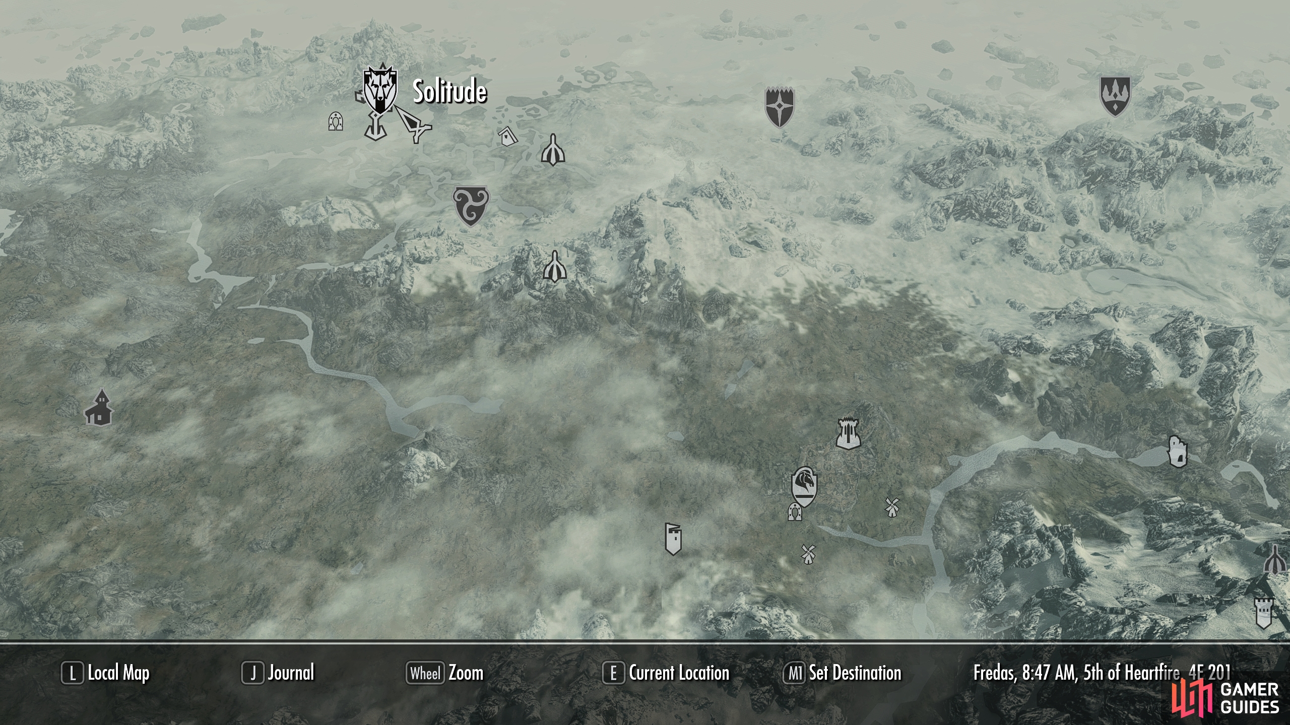 The location of Solitude in the northwest of Skyrim.