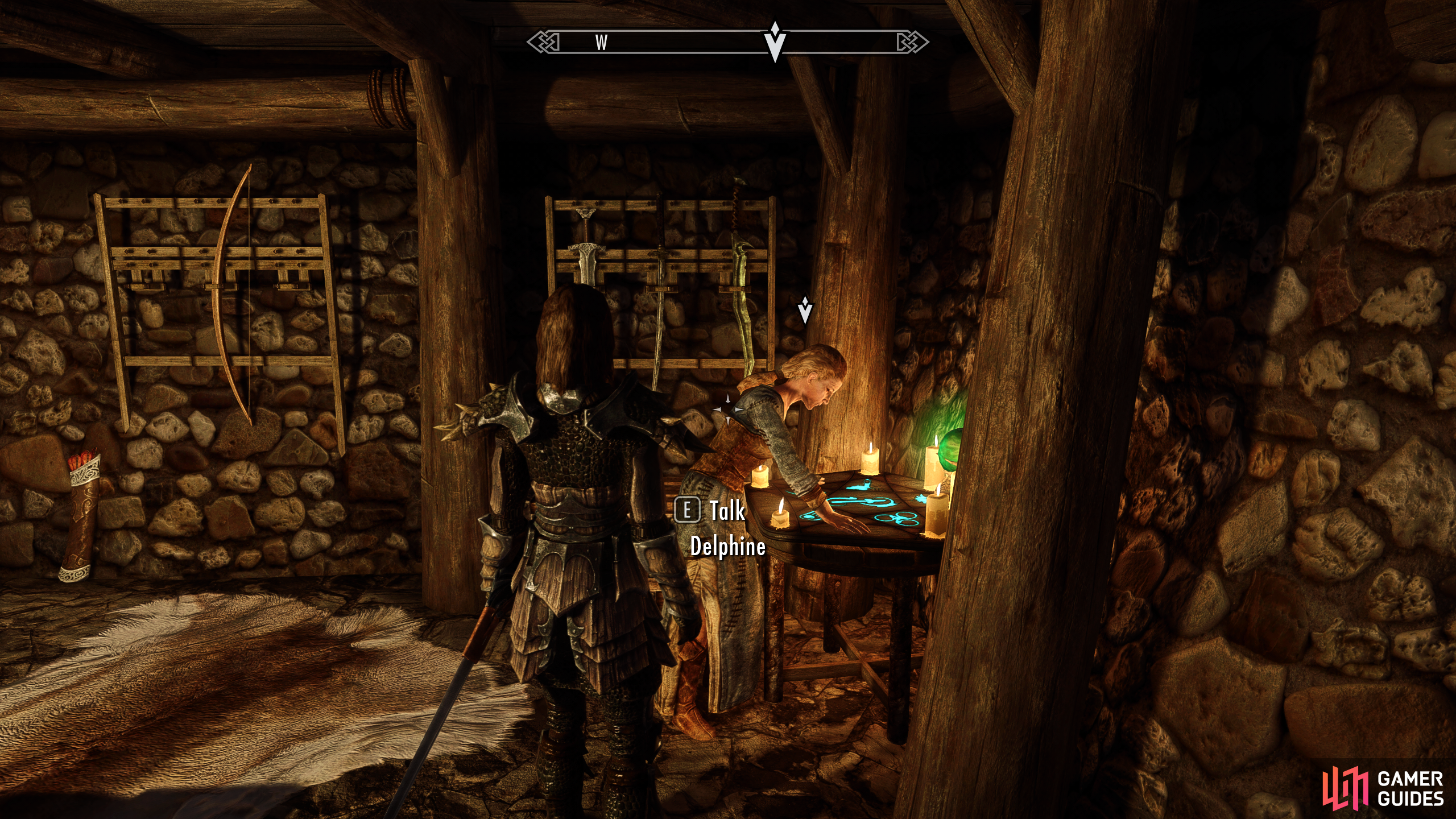 Speak with Delphine in the hidden room at the Sleeping Giant Inn in Riverwood.