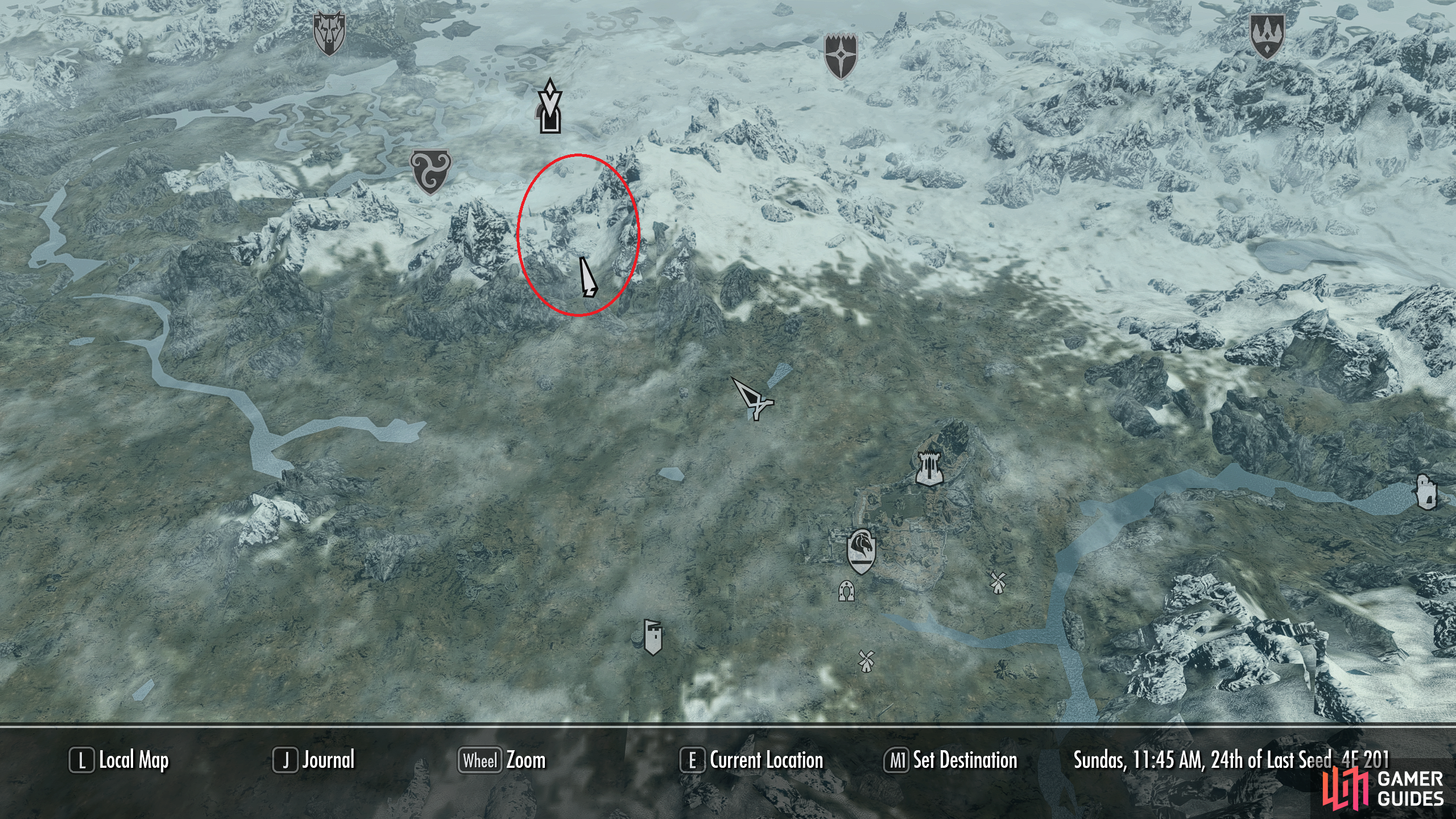 The location of Ustengrav, northwest of Whiterun. You can take the mountain path on foot to reach it.