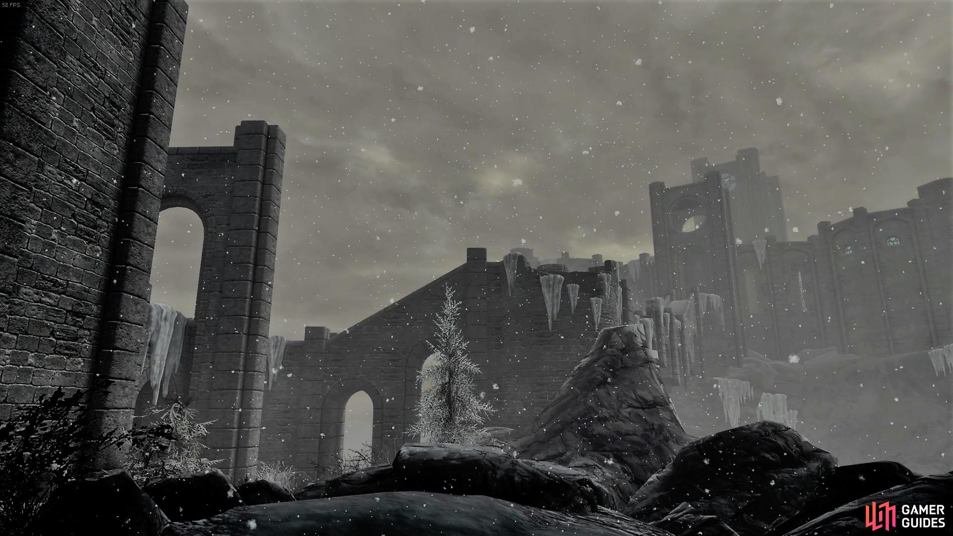 The College of Winterhold looms over the small and dwindling city of Winterhold. 