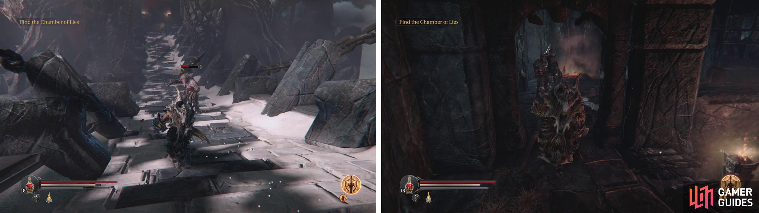 Defeat the Tyrant on the bridge (left) and then use the key he drops to open the gate in the Western Antechamber (right).