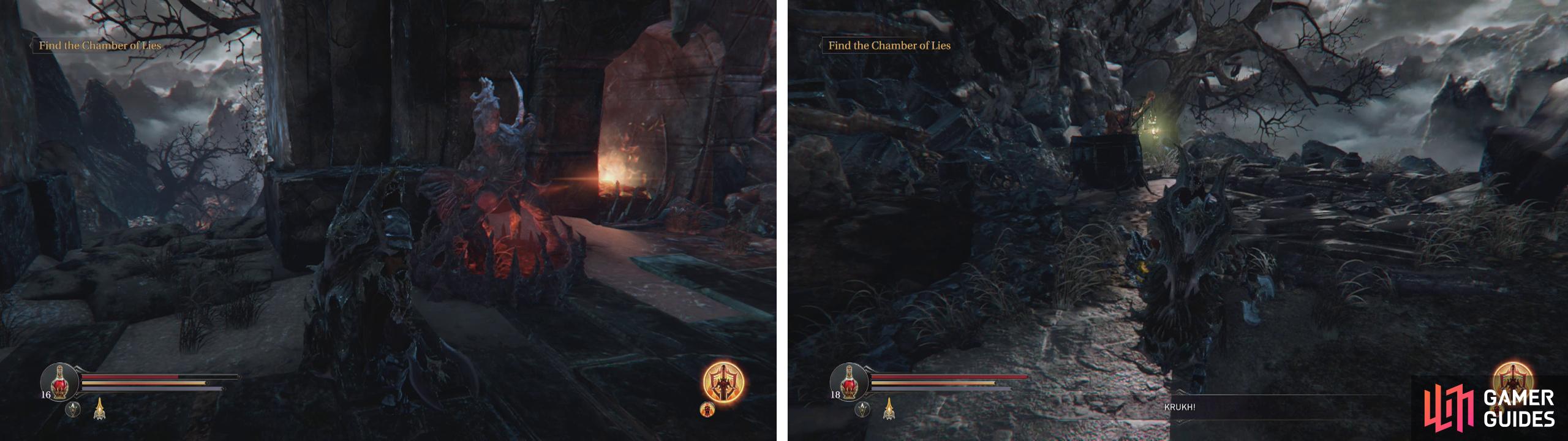 Continue down the snowy path to the Abandoned Range (left). You'll find the Crippled Rhogar by the entrance to the temple (right).