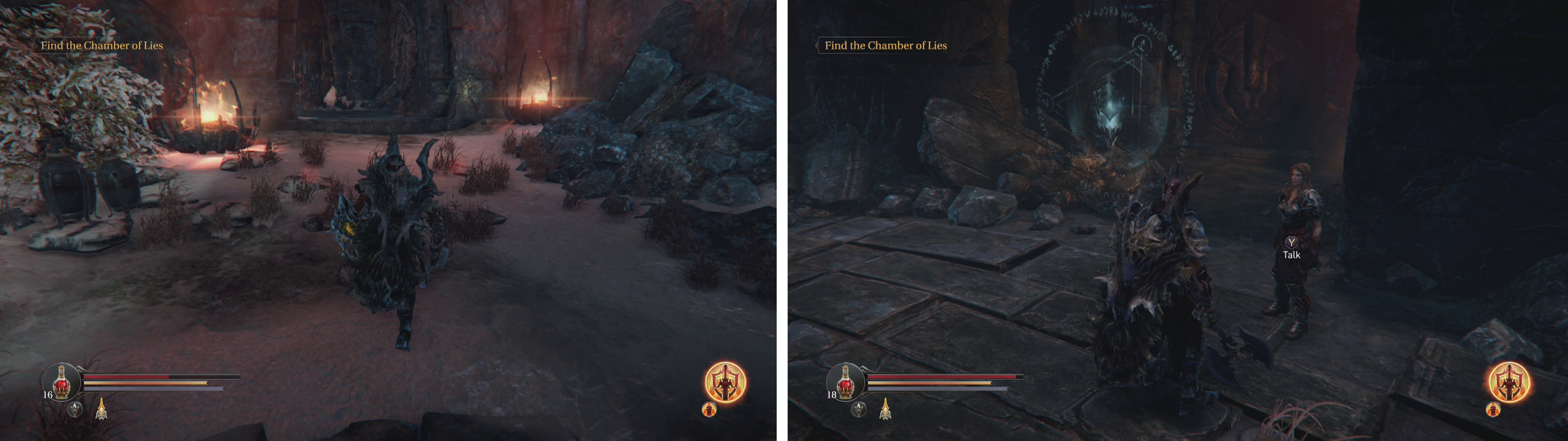Re-enter the Rhogar Temple (left) and head for the Infiltrator's area to find Yetka (right).