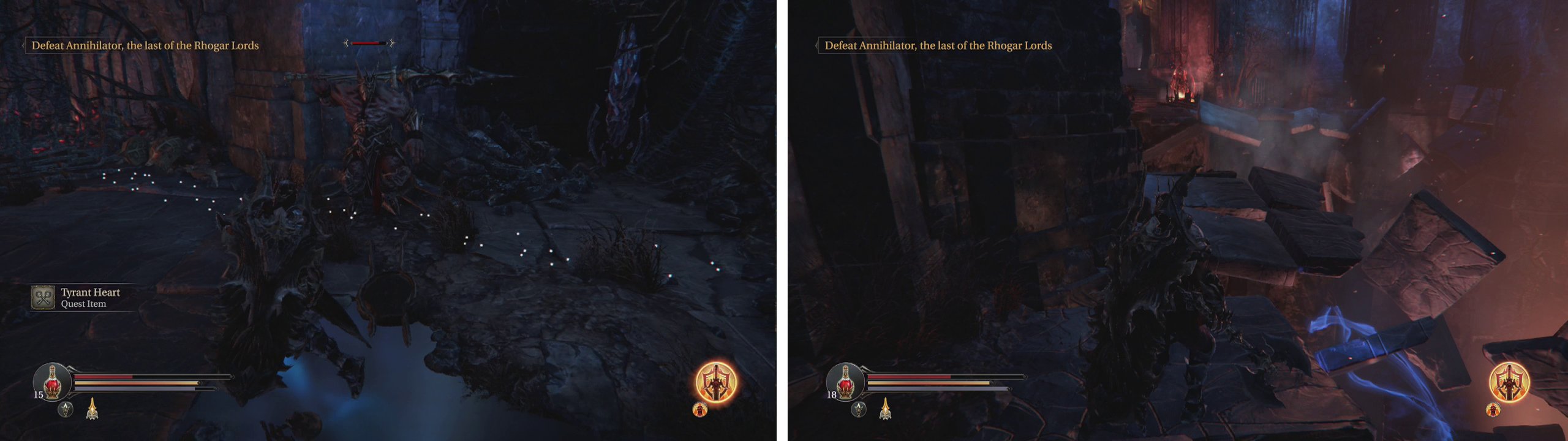 Kill the Tyrant (left) and then look for the broken ledge nearby we can use to access a chest guarded by a Fire Golem (right).