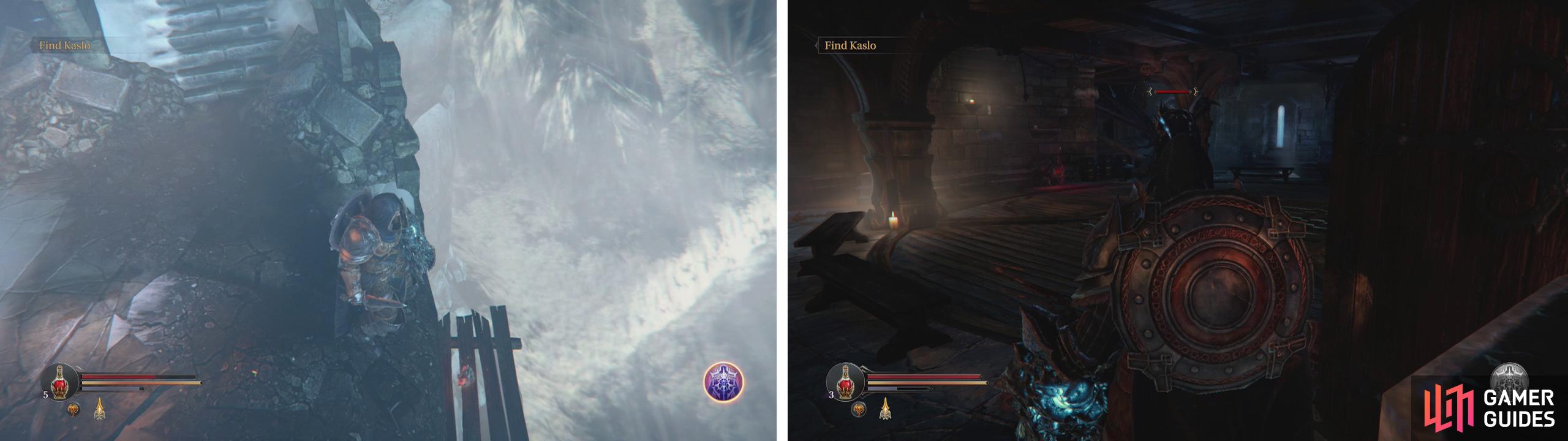 Drop tot he platform with the key from the South Watchtower (left). Fight your way through the enemies until you reach Yetka's Dagger (right).