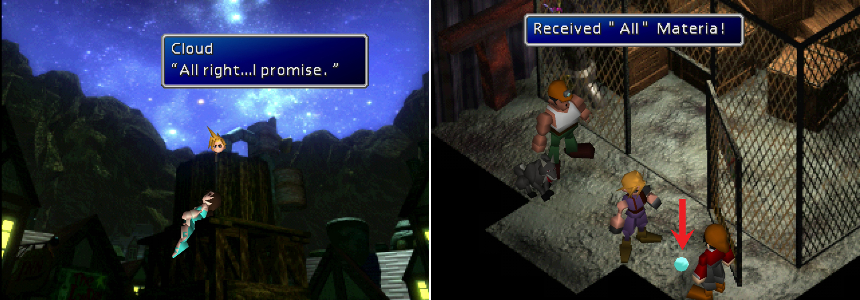 A fateful promise comes back to haunt Cloud (left). Make sure you grab the All Materia in the training area in Sector 7 (right).