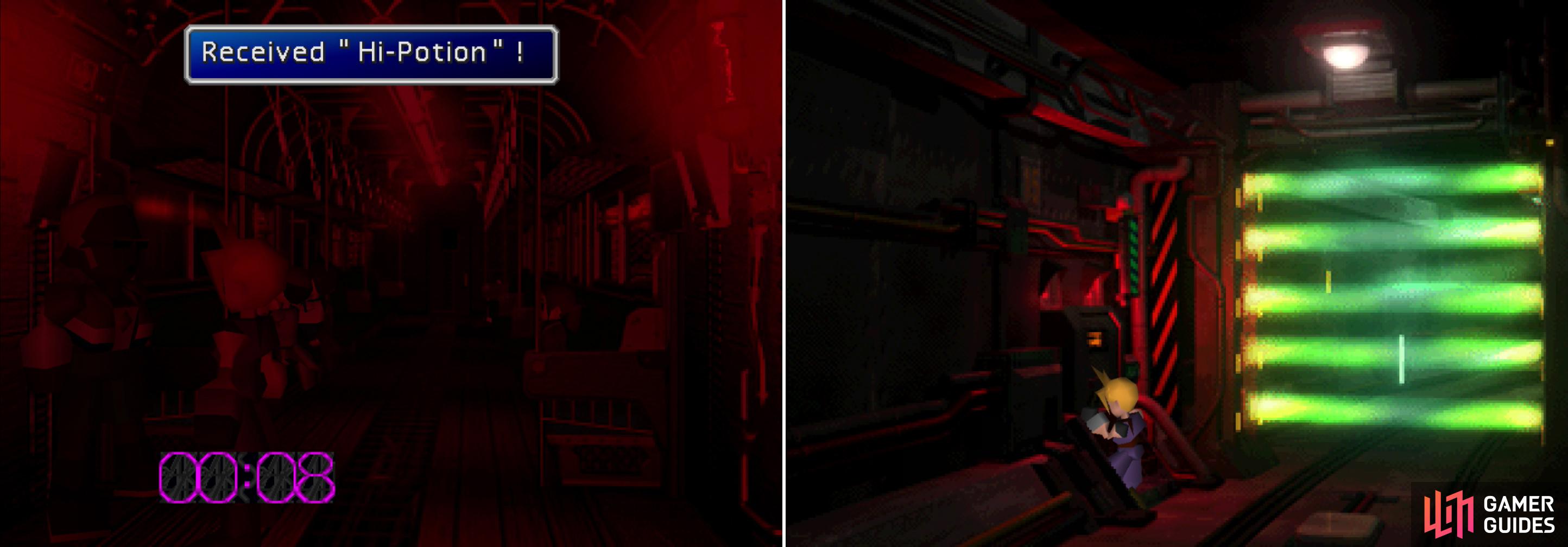 There might be perils on the train when the security alarm goes off, but there are opportunities, as well (left). To get to the reactor you'll have to climb under the plate (right).