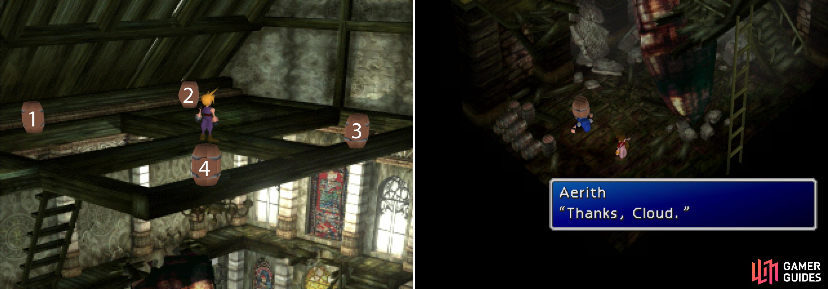 Push the barrels over in the correct order to thwart Shinra's pursuit (left) and earn Aeris's gratitude (right).