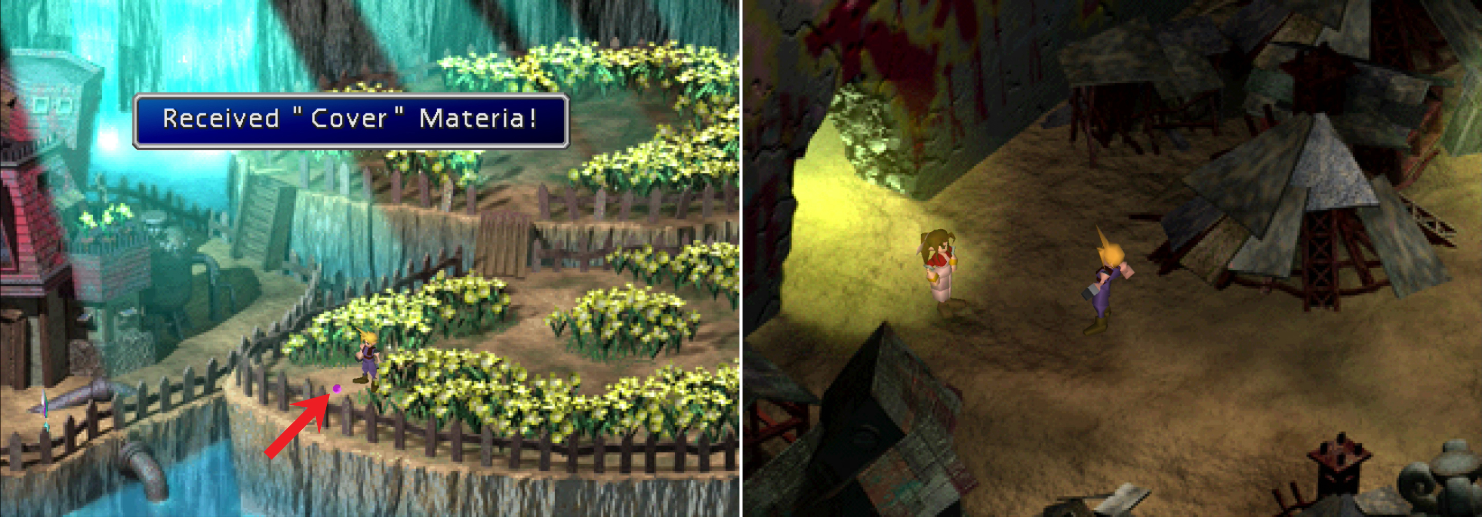 Pick up the Cover Materia in Aeriss garden (left) then do your best to sneak to Sector 6 without rousing Aeris… (right).
