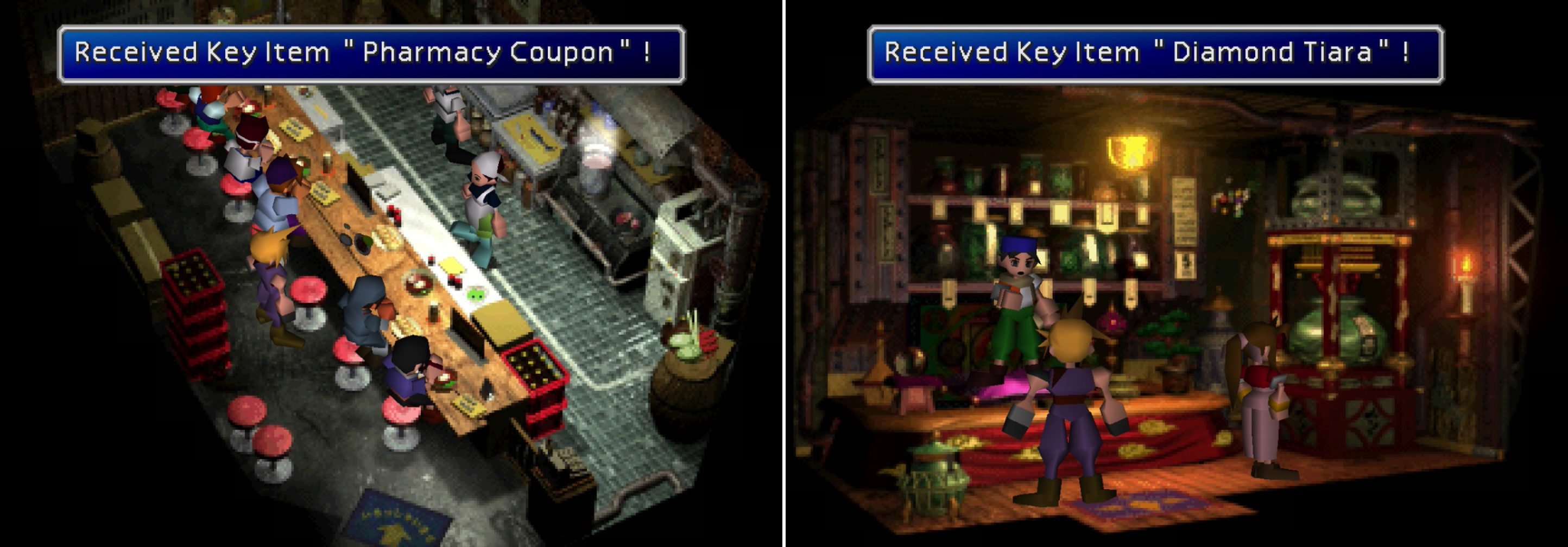 Buy a meal at the restaurant to get a "Pharmacy Coupon", which can be traded for some useful medicine (left). Depending on what you purchase from the inn's vending machine, the owner of the Materia shop will give you a tiara (right).