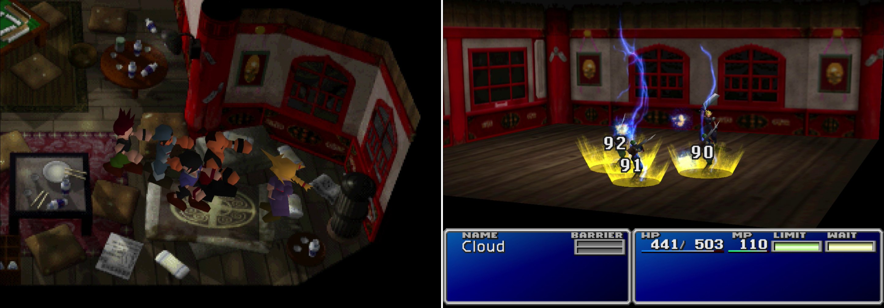 Corneo's lackies will try to seduce Cloud-in-drag by using the infamous mummy pick-up technique (left). Unfortunately, Cloud will slip his disguise and fight off his suitors (right).
