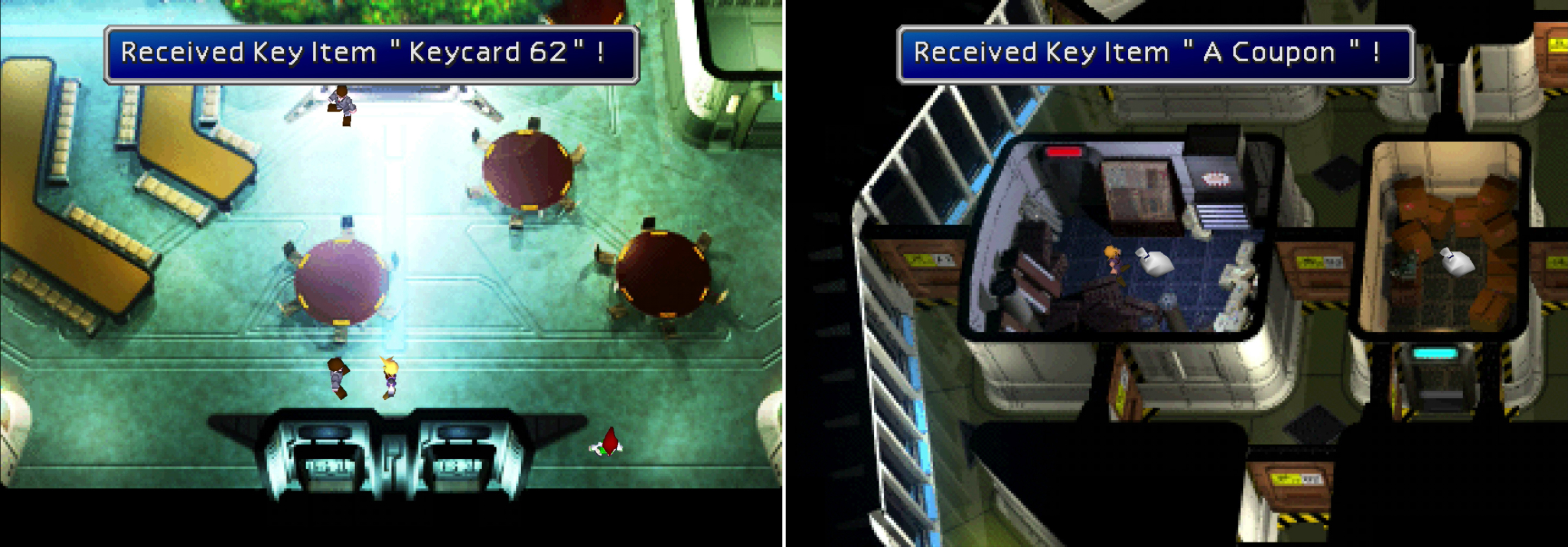 A misinformed Shinra employee will simply hand you his "Keycard 62" if you keep quiet (left). Disregard orders to stay out of the air ducts and claim all three prizes on the 63rd Floor (right).