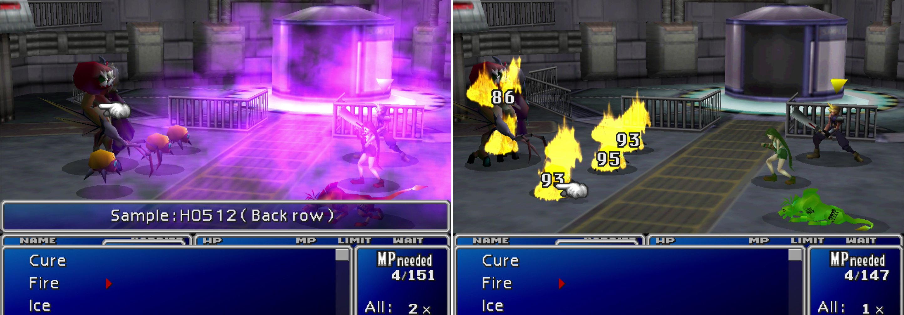 Sample HO512's "Shady Breath" attack can poison the entire party if they're not protect with a Star Pendant or Elemental Materia (left). Using magic to strike all your foes - or to harm Sample HO512 while bypassing its undelrings - is a good idea (right).