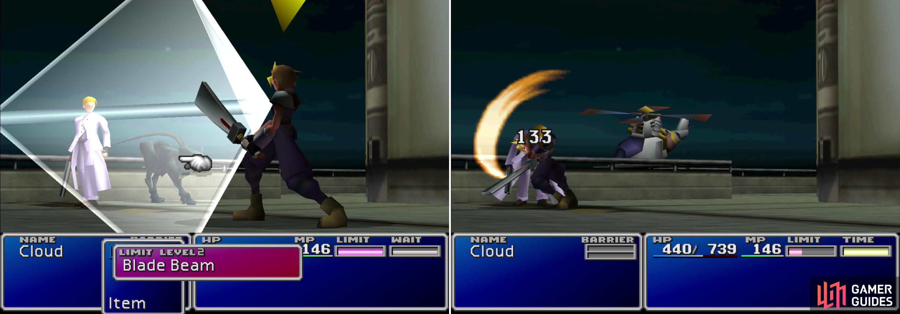 Rufus's pet Dark Nation will start out the fight by protecting its master (left). In the long run, however, Rufus can't trade blows for Cloud in a one-on-one engagement (right).