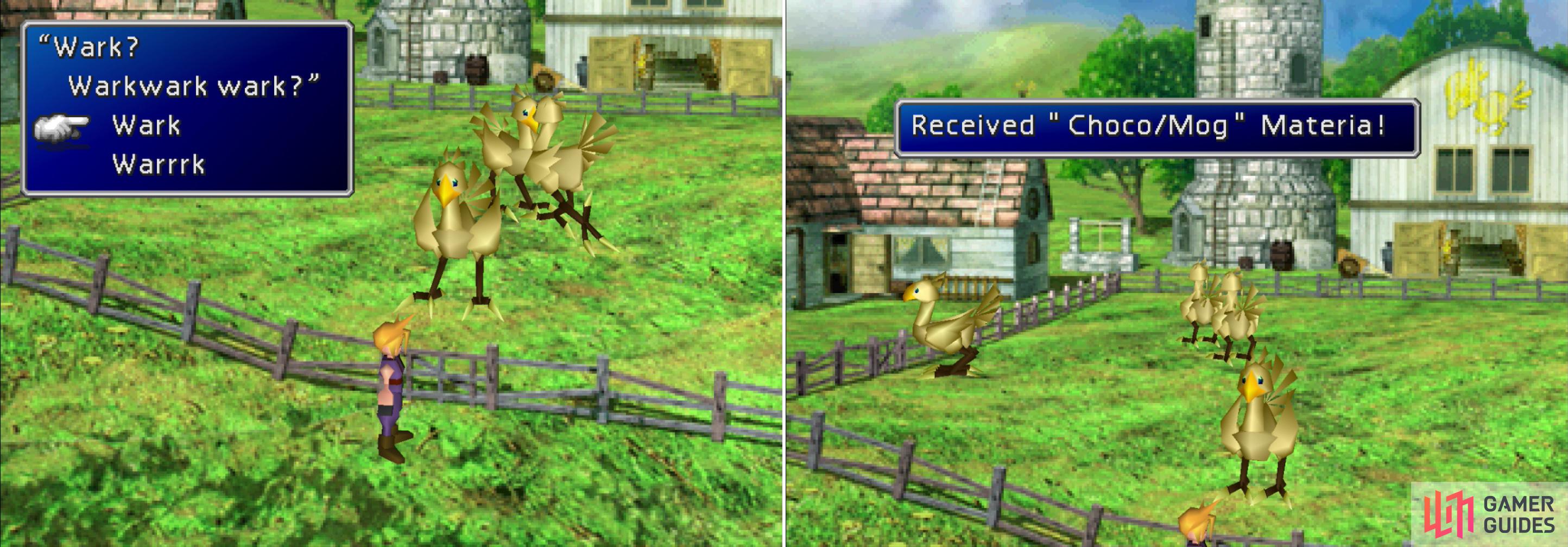 Respond to the Chocobos correctly (left) and, after their elegant dance, you'll obtain the Choco/Mog Materia (right).