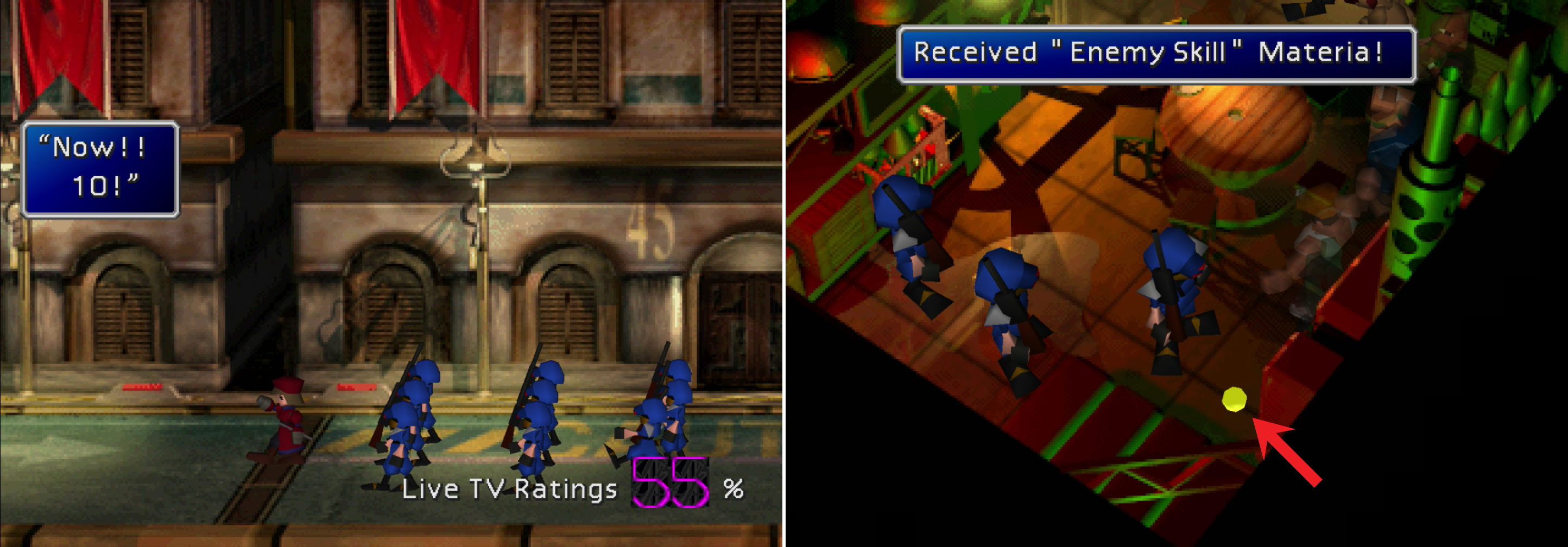Put on a good show at the parade to get a present from the network (left). Be sure to grab the Enemy Skill Materia in the training area (right).