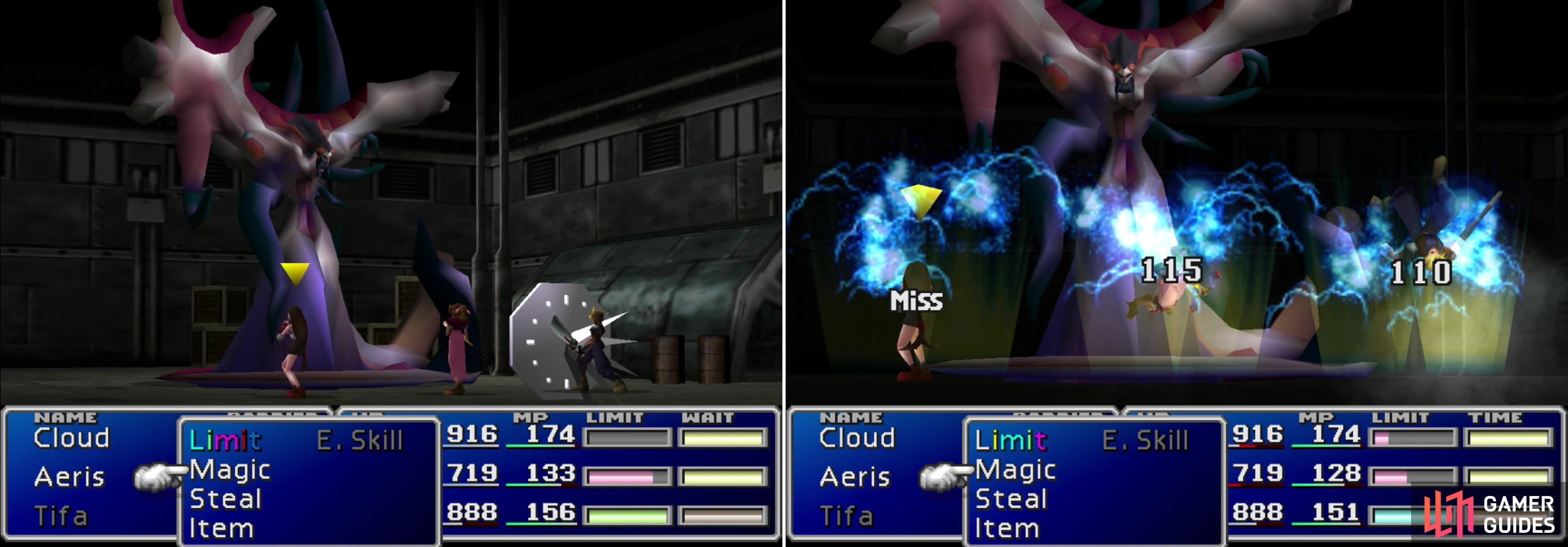 Jenova-BIRTH's "Stop" spell can… well, stop a character in their tracks (left). Her "Tail Laser" attack will blast the entire party for a modest amount of damage (right).