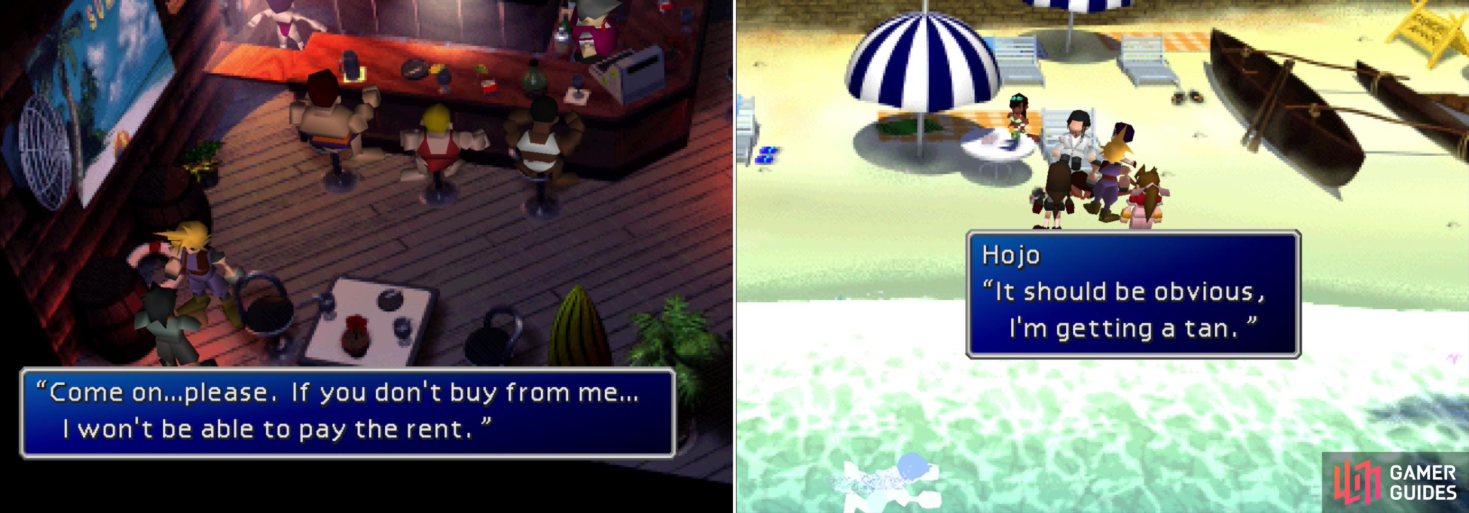 The shady merchant in the bar will sell some interesting pieces of armor (left). On the beach you'll find Hojo, who seems too interested in your pursuit of Sephiroth (right).