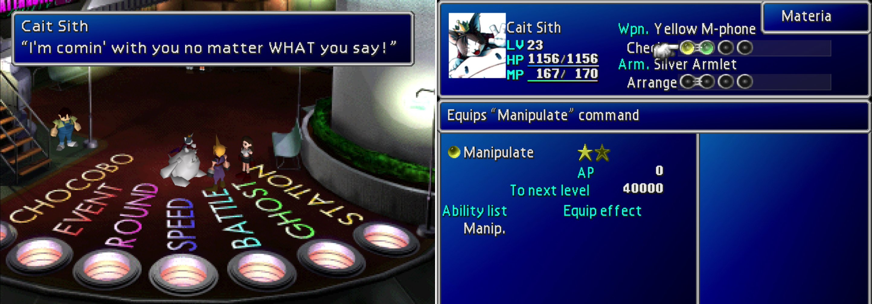 After telling a couple of dubious fortures, Cait Sith will invite itself along (left). On the plus side, this annoying automaton has some Manipulate Materia equipped when it joined (right).