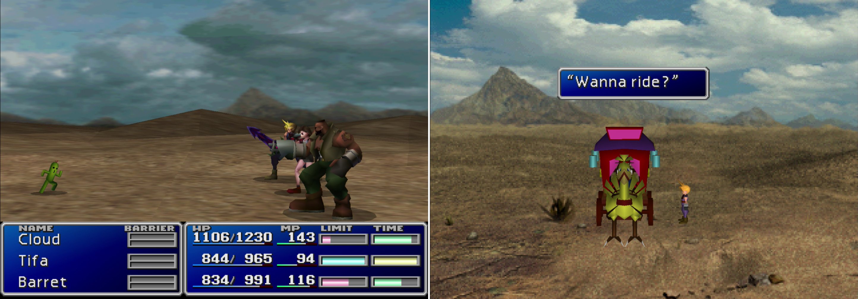If you brave the deserts and are fortunate enough to encounter a Cactuar, killing one will earn you 10,000 Gil (left). If you get lost in the desert, keep exploring until you find the mysterious Chocobo carriage (right). It'll take you back to Corel Prison.