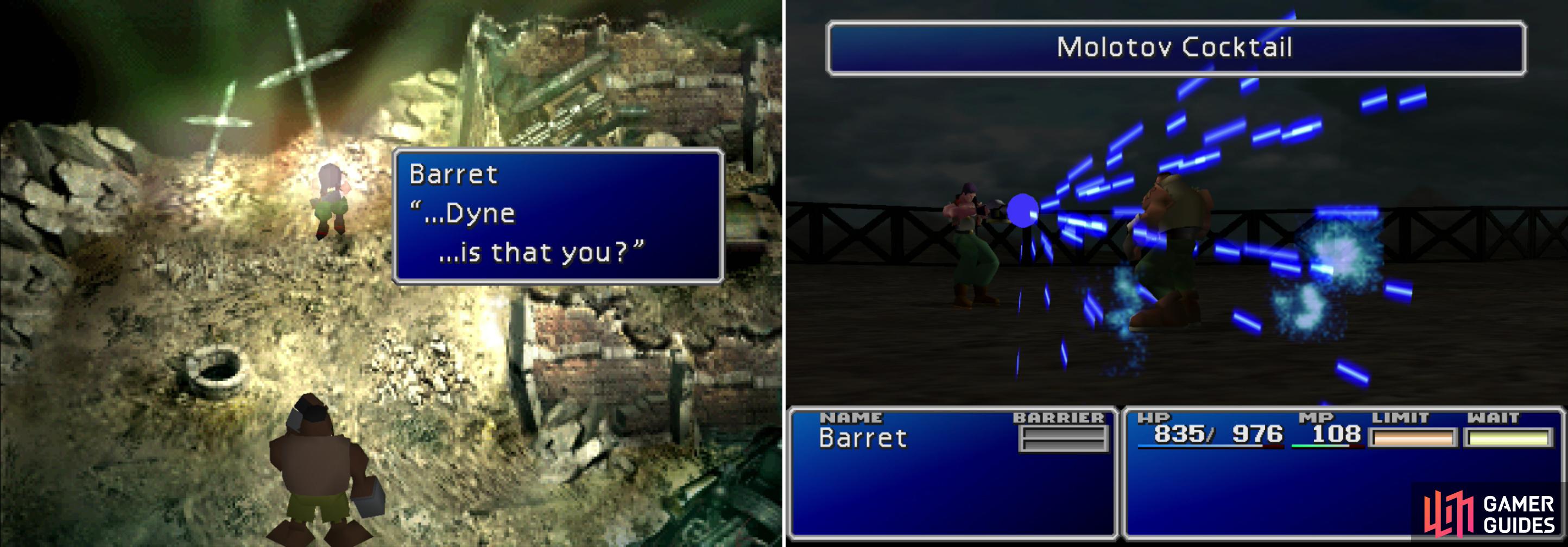 Chase down the boss of Corel Prison, who happens to be a figure from Barret's past (left). Dyne has few attacks, but he will start taking double turns when he's injured (right).