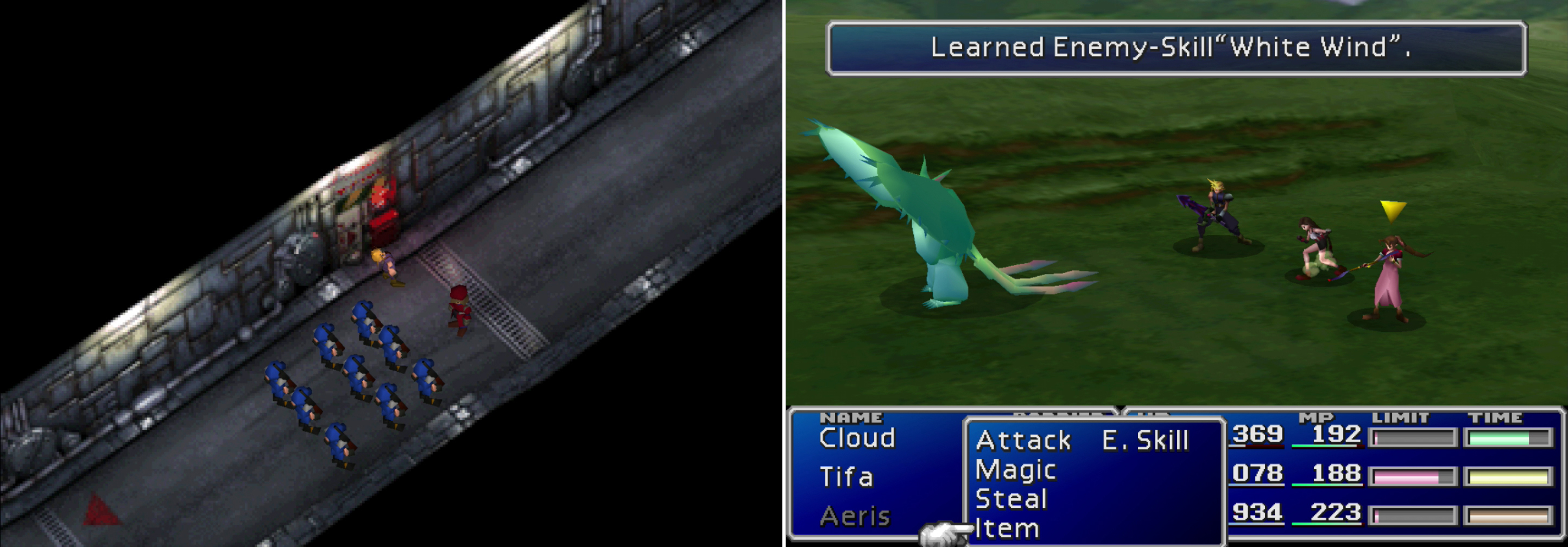 Return to Junon and fiddle with an alarm if you want to fight high-powered foes early (left). The Zemzelett can be Manipulated into casting "White Wind", quite possibly the best Enemy Skill in the game (right).