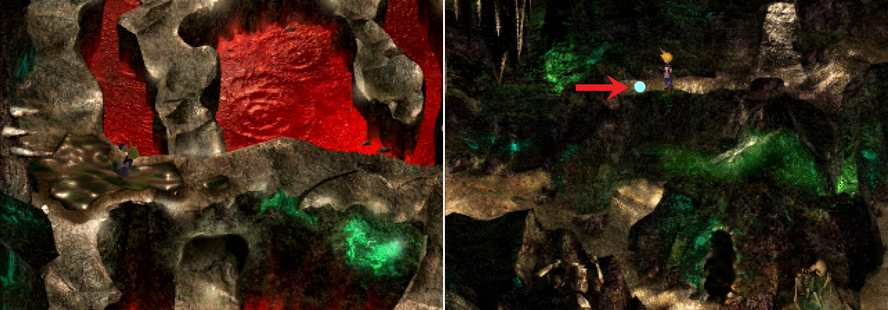 Avoid running on the slick patch on the ground, else you'll find yourself in close contact wtih some spike (left). Be sure to pick up the Added Effect Materia in the Cave of the Gi (right).